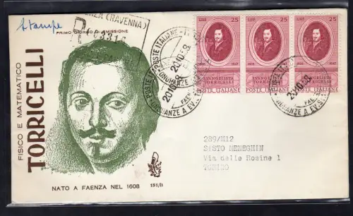 Italien FDC Venetia 1958 Torricelli Dreierstreifen gereist Racc. für Italien