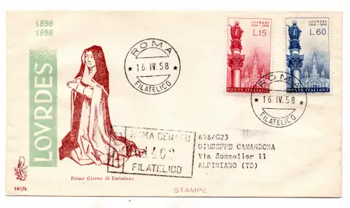 Italien FDC Venetia 1958 Lourdes gereist Racc. für Italien