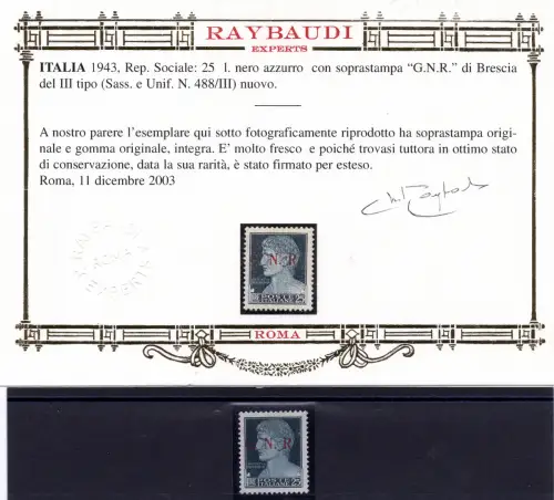 GNR Lire 25 Brescia III. Typ Nr. 488/III - Cert. gold Ray. - MNH