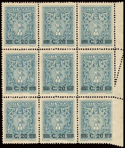 Cent. 20 von 5 Neunerblöcken mit Papierfalz