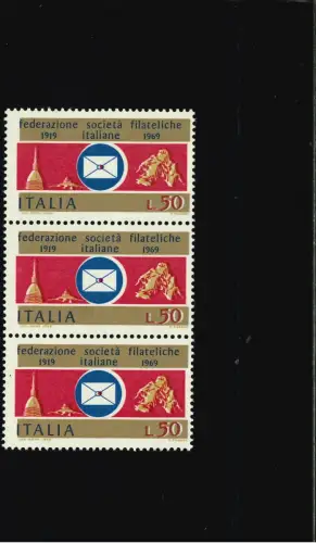 FILATELISTISCHE GESELLSCHAFT 50 L. GOLD VERSCHOBEN VERTIKALER STREIFEN VON DREI