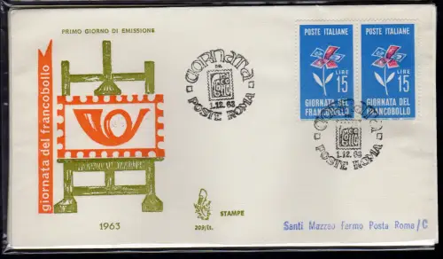 Italien FDC Venetia 1963 Tag der Briefmarke Paar reiste nach Italien