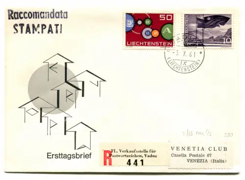 Liechtenstein - Europa 1961 FDC Umschlag verschickt an Venetia Club