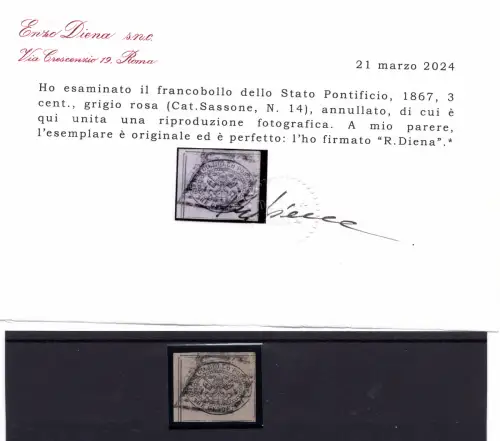 Päpstlich 3 c. grau rosa Nr. 14 tolles Exemplar mit großen Rändern