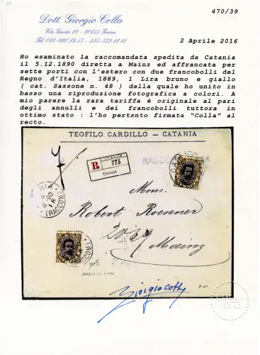 Umberto I. 1 Lire Nr. 48 zwei Exemplare auf Umschlag Racc. für Deutschland