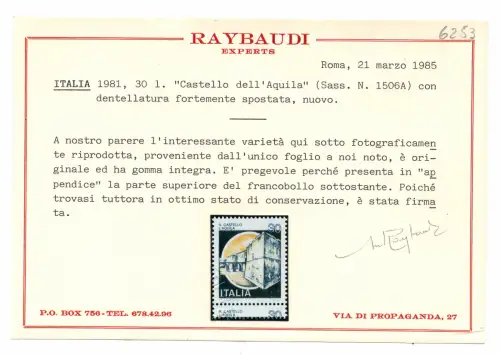 SCHLÖSSER 30 L. BRIEFMARKE MIT GEZACKTEM ANHANG RAYBAUDI ZERTIFIZIERT