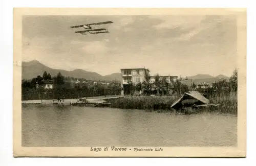 Varese See - Postkarte Restaurant Lido mit Wasserflugzeug im Flug