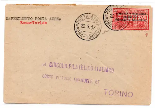 1917 Rom - Turin vom 20. Mai - Aerogramm des I. Fluges De Bernardi