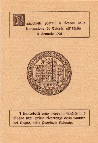 Annexione di Triest to Italy - Folder precursore n. P 1