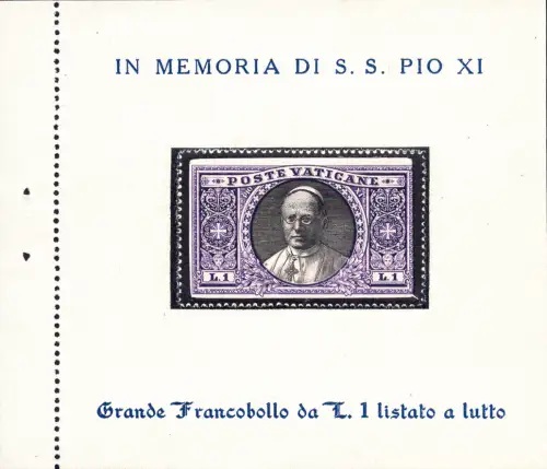 SS. Papst Pius XI. - Die 1 Lira Briefmarke mit den Trauerrändern