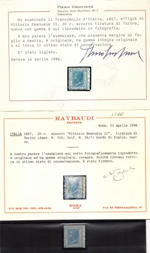 Vitt. Emanuele II. Cent. 20 Bigola Nr. T 26 - MNH - Zertifikat