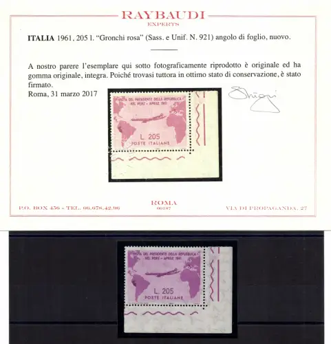 Gronchi rosa Nr. 921 Blattecke - postfrisch - Zertifikat