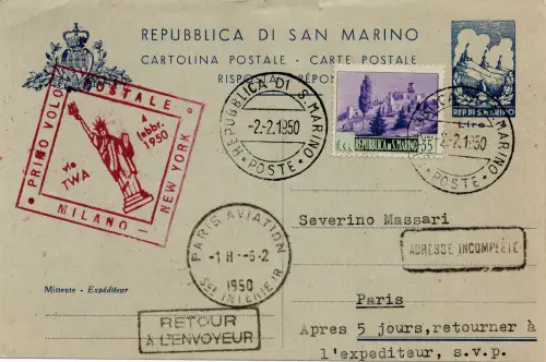 T.W.A. I. Flug (San Marino) Mailand/Paris vom 4.2.50