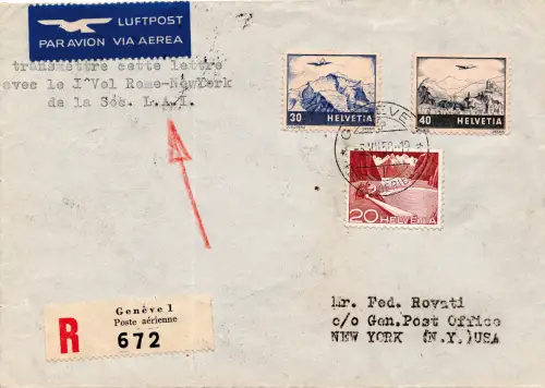 L.A.I. I. Flug (Schweiz) Rom/New York vom 5.7.50 - Aerogramm