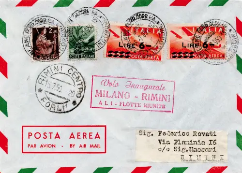 A.L.I. I. Flug Mailand/Rimini/Mailand vom 15.7.50 - Zwei Aerogramme von Mi