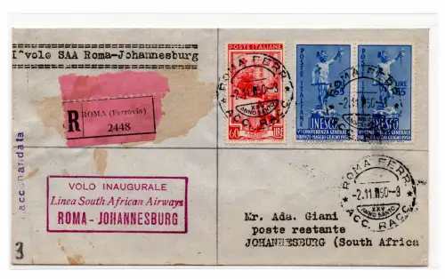 S.A.A. I. Flug Rom/Johannesburg vom 2.11.50 - Einschreiben Airbrush