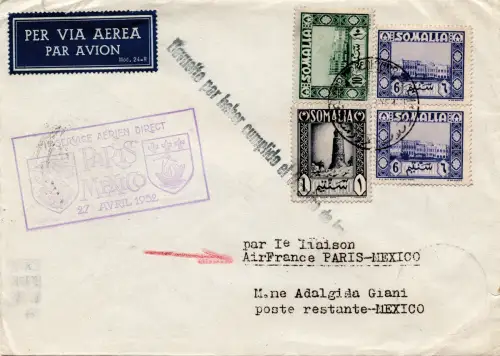 Air France (Mogadischu) Paris/Mexiko vom 27.4.52 - Aerogramm