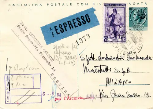 C.P. Syrakus Lire 20 + 20 - die Postkarte Frage gereist