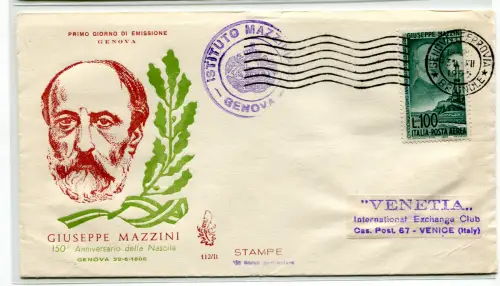 Mazzini Luftpost auf Umschlag FDC Venetia ohne Annullierung der Ankunft