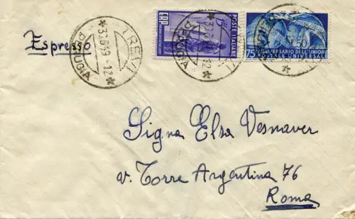 UPU Lire 50 + Ergänzung auf Expressumschlag von Trevi nach Rom am 30.6.49