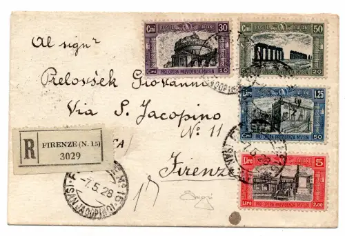 Miliz II. komplette Serie auf Umschlag Racc. ab Florenz in die Stadt am 7.5.28 - Seltener Postgebrauch