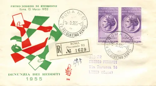 Paarfächer auf Umschlag FDC Venetia eingeschrieben für Lecco