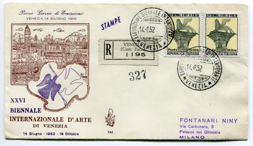 Biennale von Venedig Paar auf Umschlag FDC Venetia Racc. für Mailand