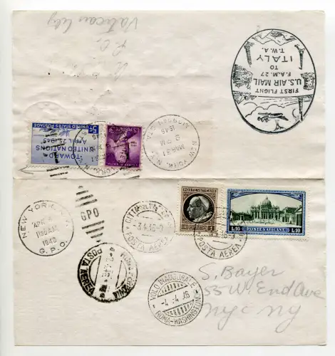 TWA Rom/Washington vom 4.4.46 - Flugflugzeug mit Ann. Sonder- und Mischfrankatur Vatikan