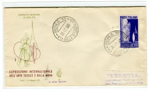 Italien 1951 Textilkunst auf FDC Venetia nicht gereist