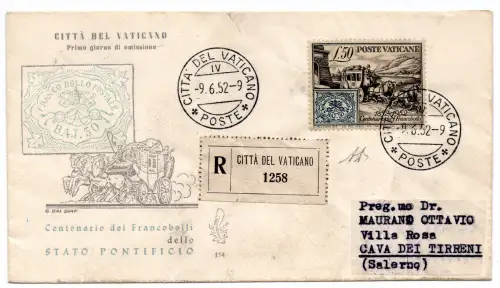 Vatikan 1952 Cent. Päpstliche Briefmarke auf FDC Venetia Racc