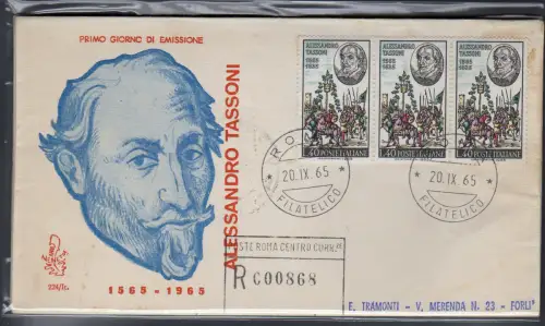 Italia 1965 4. Centenario Tassoni Dreierstreifen auf FDC Venetia Annullierung Rom