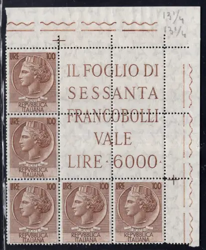 Syrakus Lire 100 785 / I Eckblock von fünf Exemplaren - postfrisch