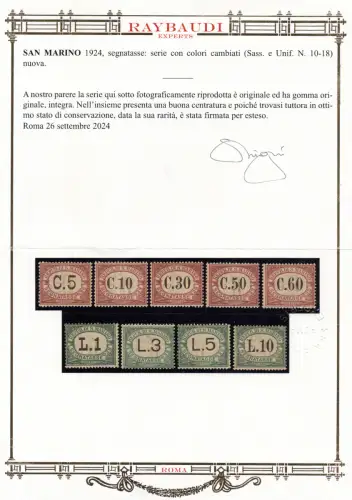 Steuermarken von 1924 Nr. 10/18 die Raybaudi Gold Certified Series - MNH