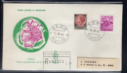 Italien FDC Venetia 1966 Syrakus Lire 130 gereist Racc. für Italien