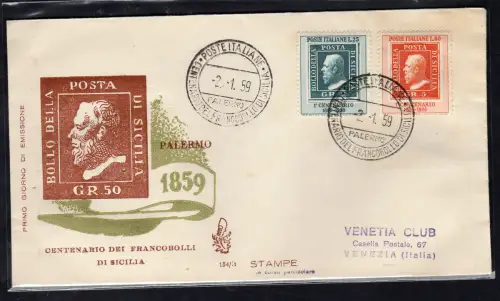 Italien FDC Venetia 1959 Centenario Sicilia nicht gereist