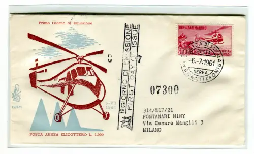 San Marino FDC Venetia 1961 P.A. Hubschrauber gereist Racc. für Italien