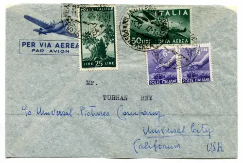 Luftpost 50 Lire + Ergänzungen auf Luftumschlag für die USA