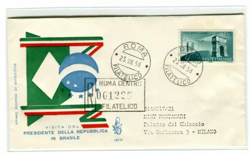 Italien FDC Venetia 1958 Freundschaft Italo Brasiliana gereist Racc. für Italien