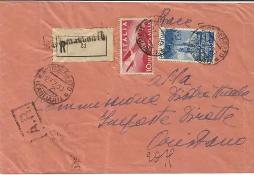 Rundfunk Lire 55 + Ergänzung auf Umschlag von Monserrato nach Oristano