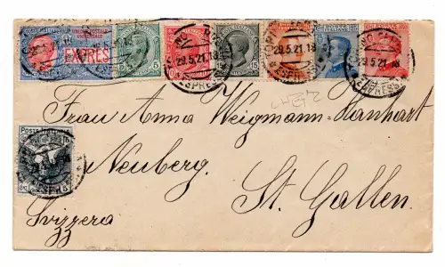 Rotes Kreuz + Löwen + Michetti + Espresso auf Umschlag für die Schweiz