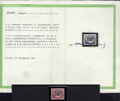 2 Cent. auf 0,02 Nr.29 Zertifikat Bolaffi MNH