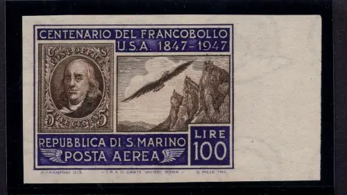 Hundertjahrfeier Briefmarke USA P.A. Nr. 75b Lire 100 ungezähnt - MNH