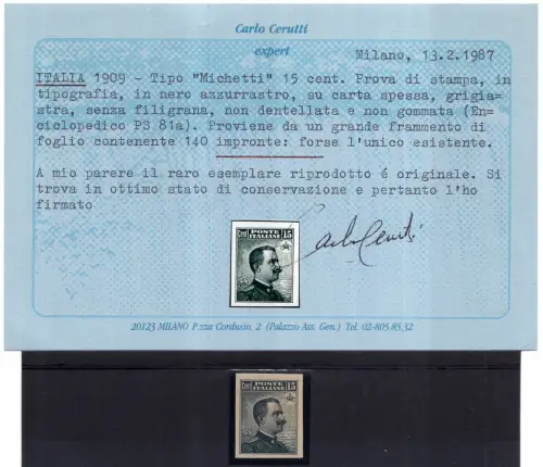 1909 Michetti Cent. 15 ungezähnte Druckprobe