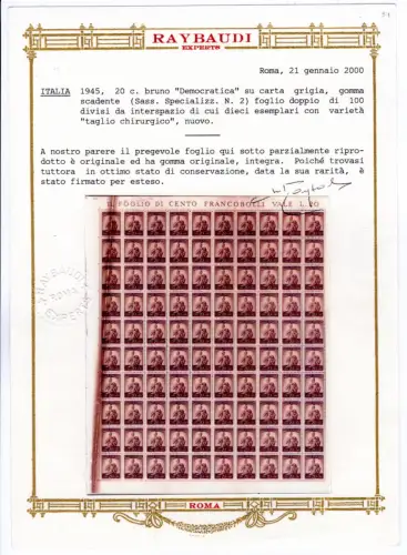 Democratica Cent. 20 Nr. 544 Sorten zertifiziert Gold Raybaudi - MNH