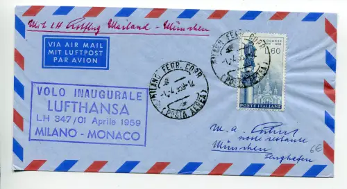 Lufthansa Mailand/München vom 1.4.59 - Aerogramm des ersten Fluges