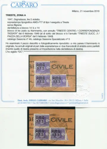 Triest - Steuermarken L.5 Nr.4A Block 3 Exemplare. ohne Wasserzeichen auf Fragment