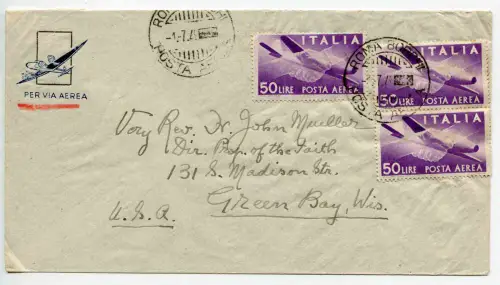Luftpost Lire 50 drei Exemplare für die USA