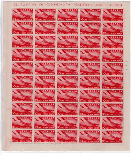 Luftpost Lire 10 Nr. 130 Blatt mit Markenfehler