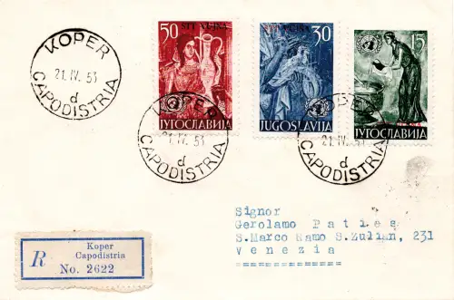 Triest B - Vereinte Nationen Nr. 82/84 Serie auf Umschlag Racc. aus Koper