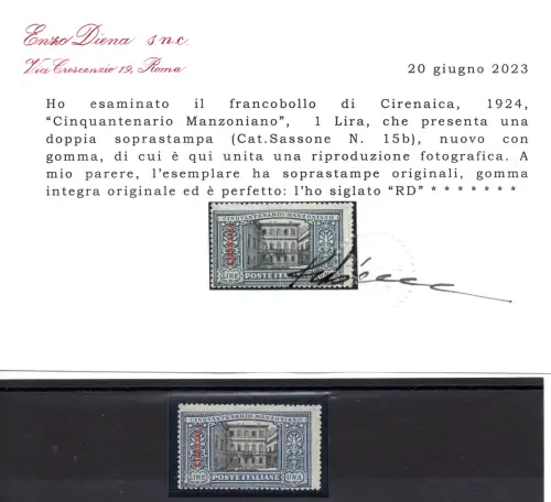 Kyrenaika - Manzoni 1 Lira Nr. 15b Sorte Doppelaufdruck